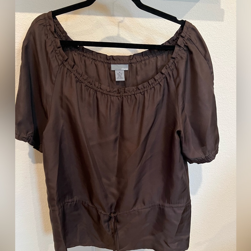 Ellavae Dark Brown Silk Blouse with Drawstring Waist